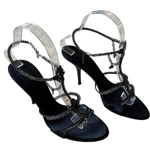 Giuseppe Zanotti Black Satin Rhinestone Enamel Anklet Heel Sandals 38.5 IT NIB